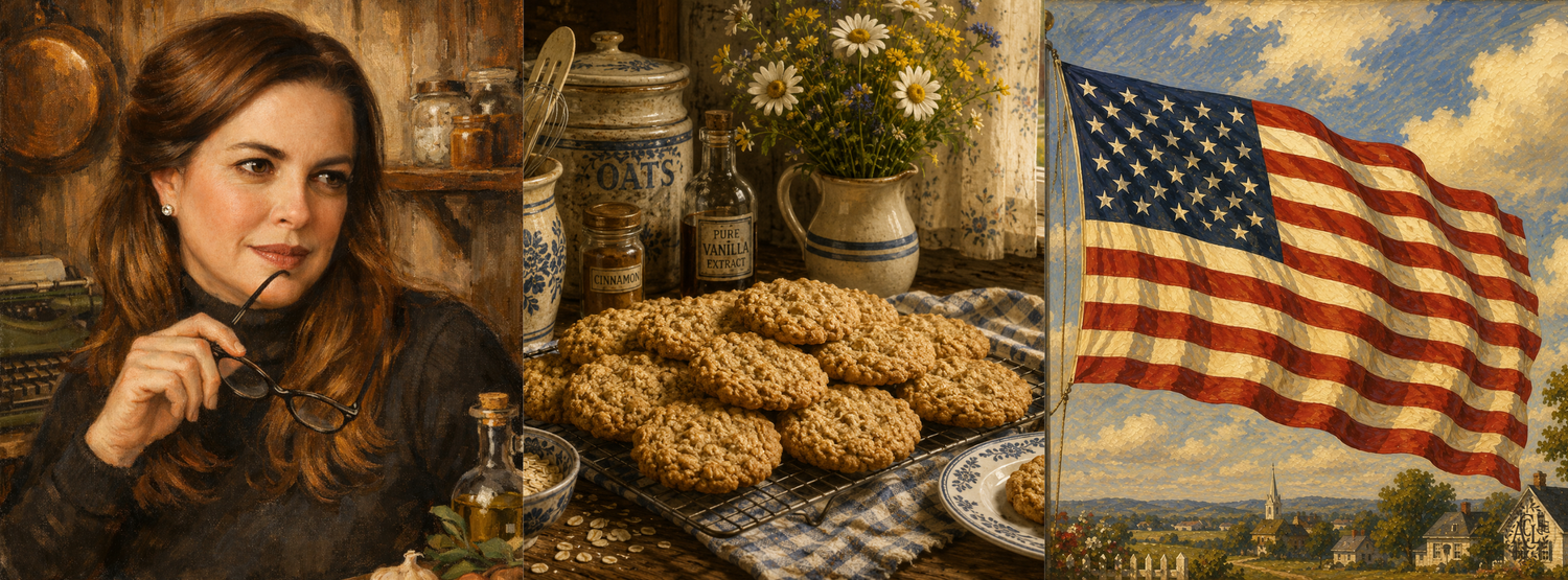 Woman with oatmeal cookies beside a large waving American flag in painted scene.