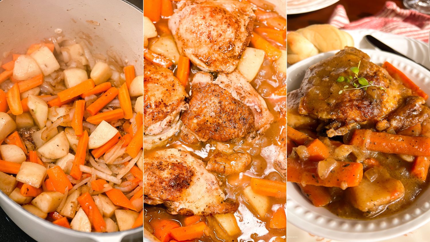 Step by step cooking process of braised chicken with vegetables in a dutch oven.
