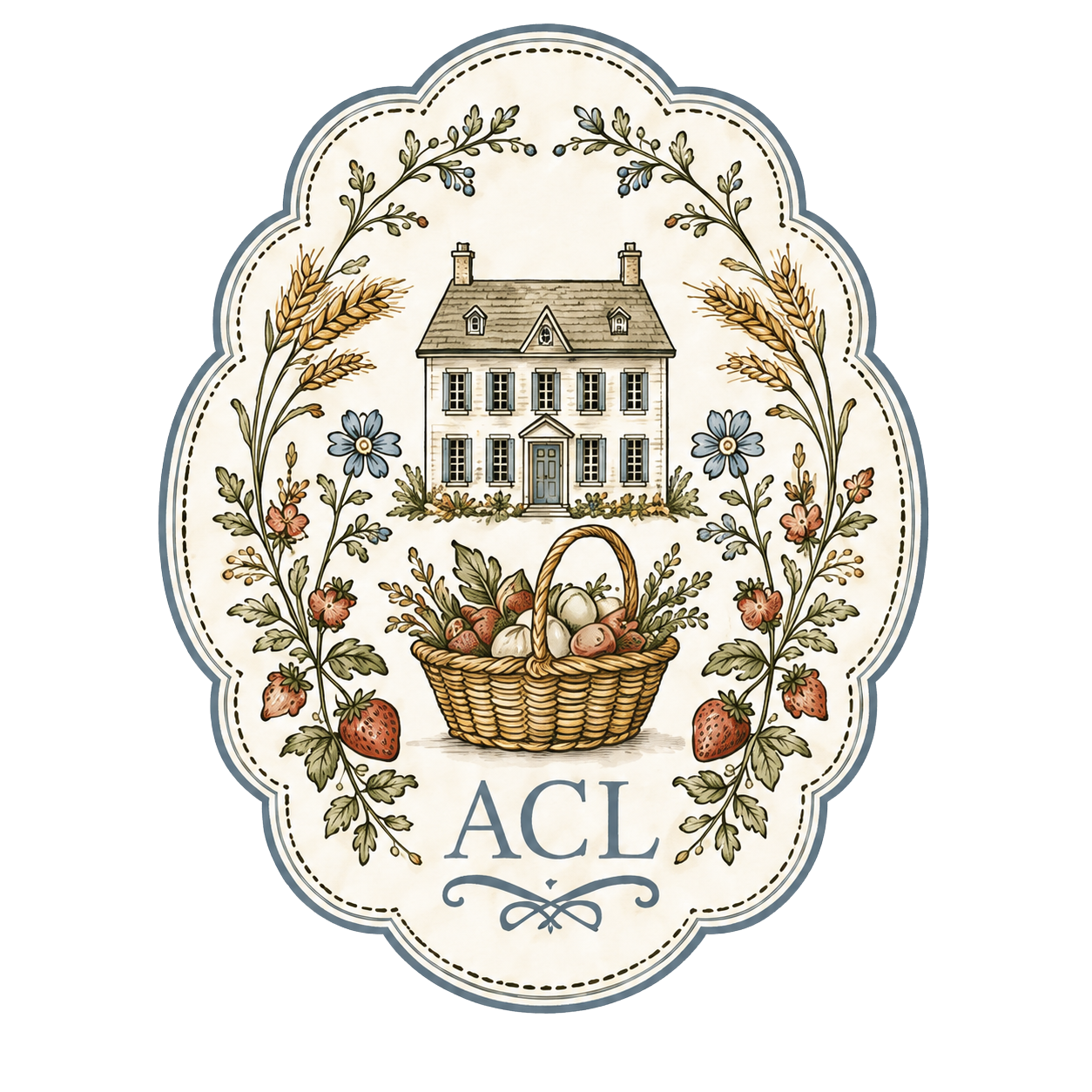 Vintage oval logo with a cottage, harvest basket, wheat, strawberries, blue flowers, and ACL monogram in folk art style.