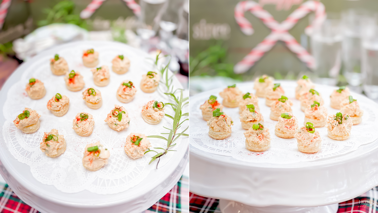 Elegant appetizers displayed on white platters with candy cane decorations.