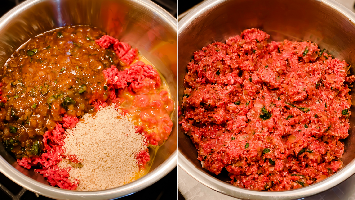 Ground meat mixture being seasoned and prepared in a cooking pan.