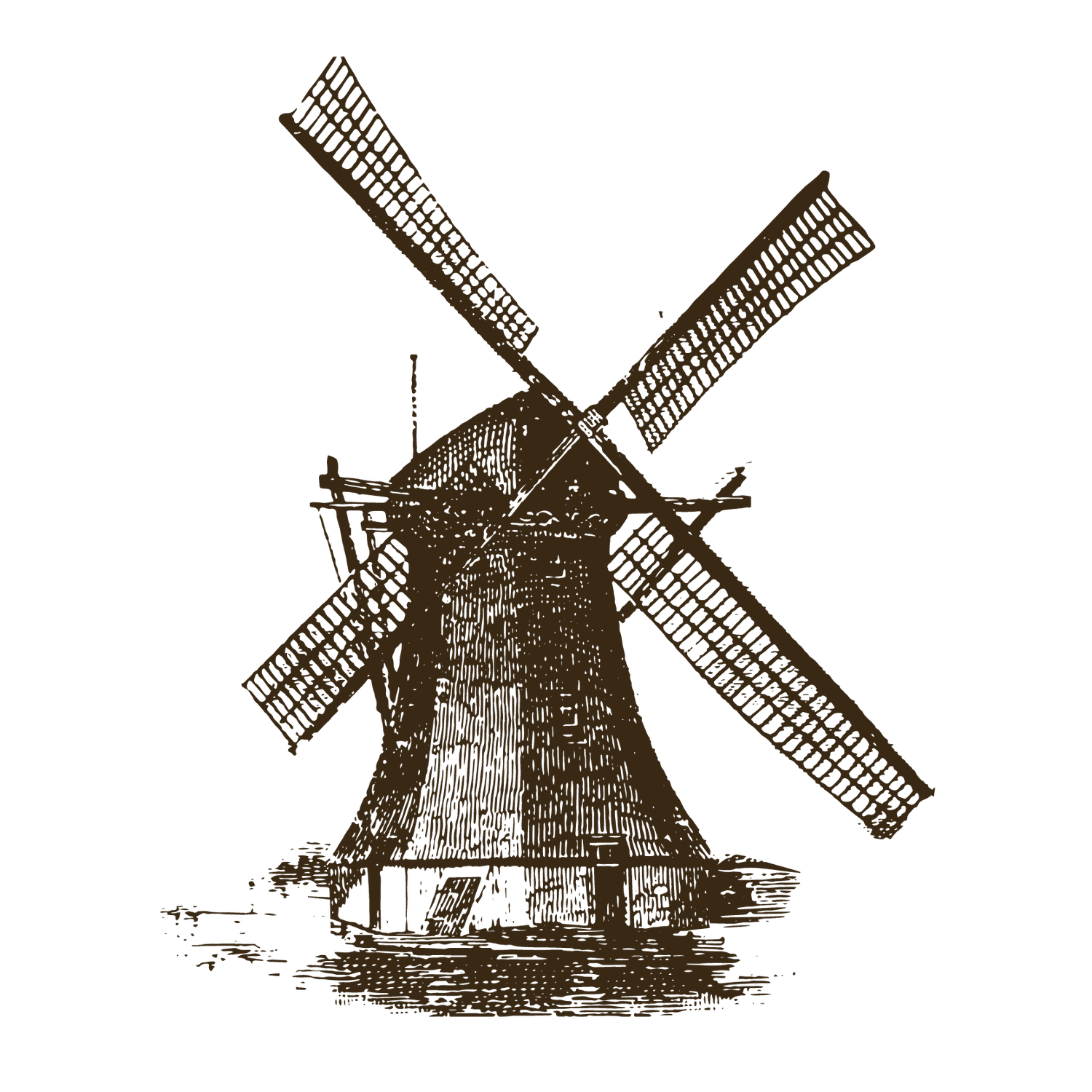 Vintage engraving illustration of a traditional Dutch windmill with four sails in sepia tone.