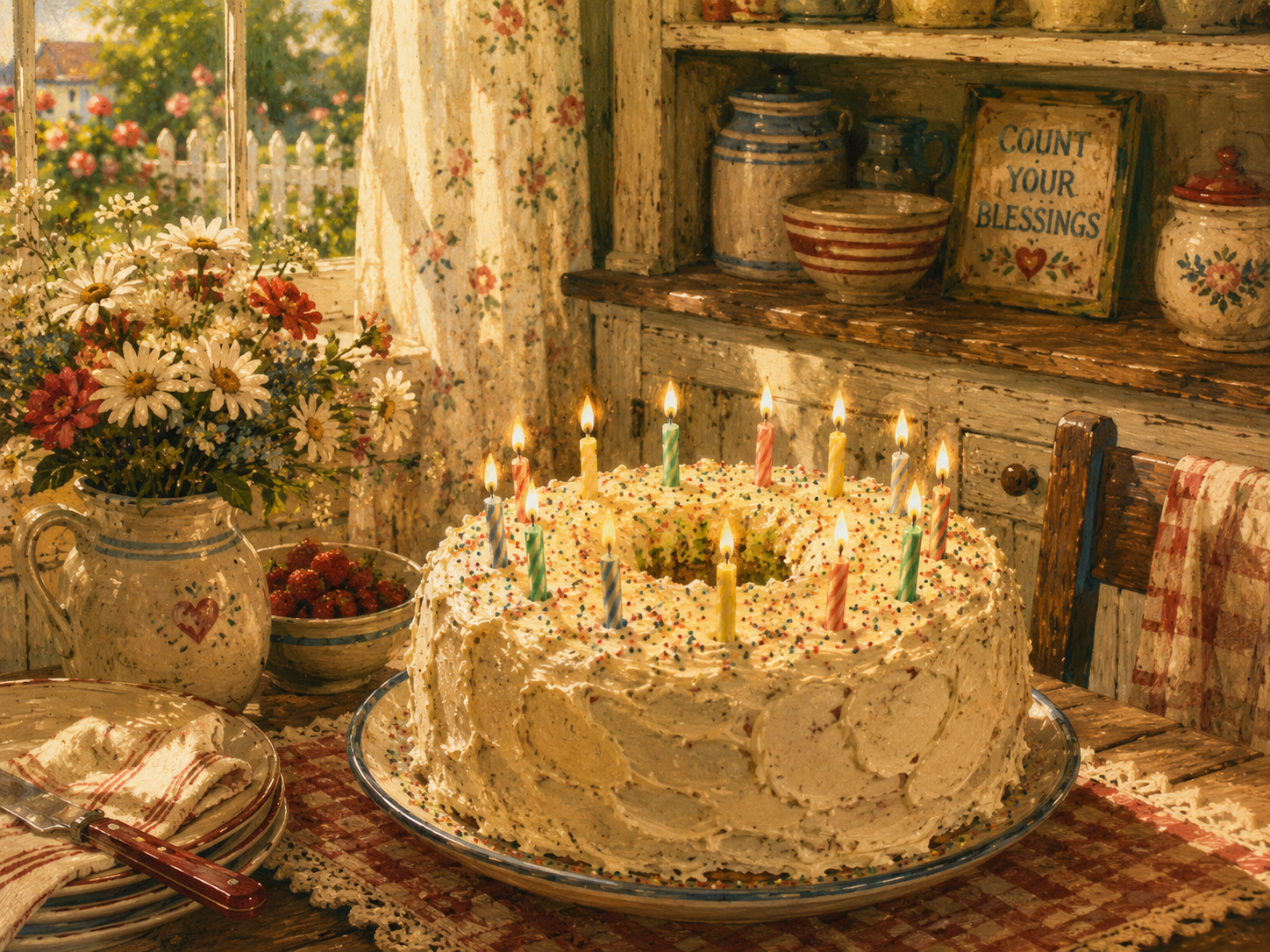 Rustic birthday cake with colorful candles, white frosting, daisies, and a Count Your Blessings sign in a cozy cottage setting.