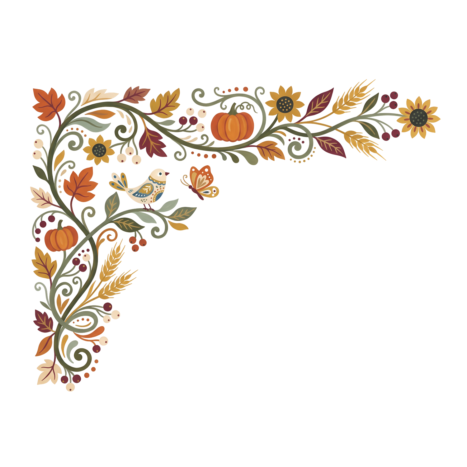 Autumn corner border illustration with pumpkins, sunflowers, wheat, colorful leaves, berries, a small bird and a butterfly on curling vines.