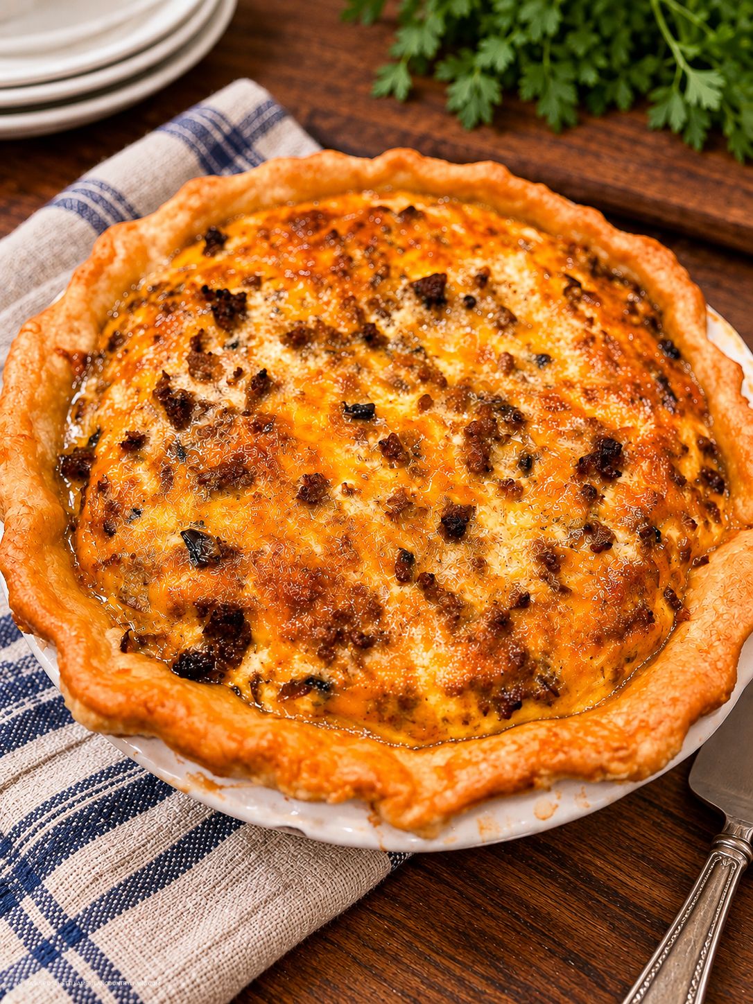 Golden-brown homemade quiche with cheese and sausage filling in a flaky pie crust on a rustic wooden table.