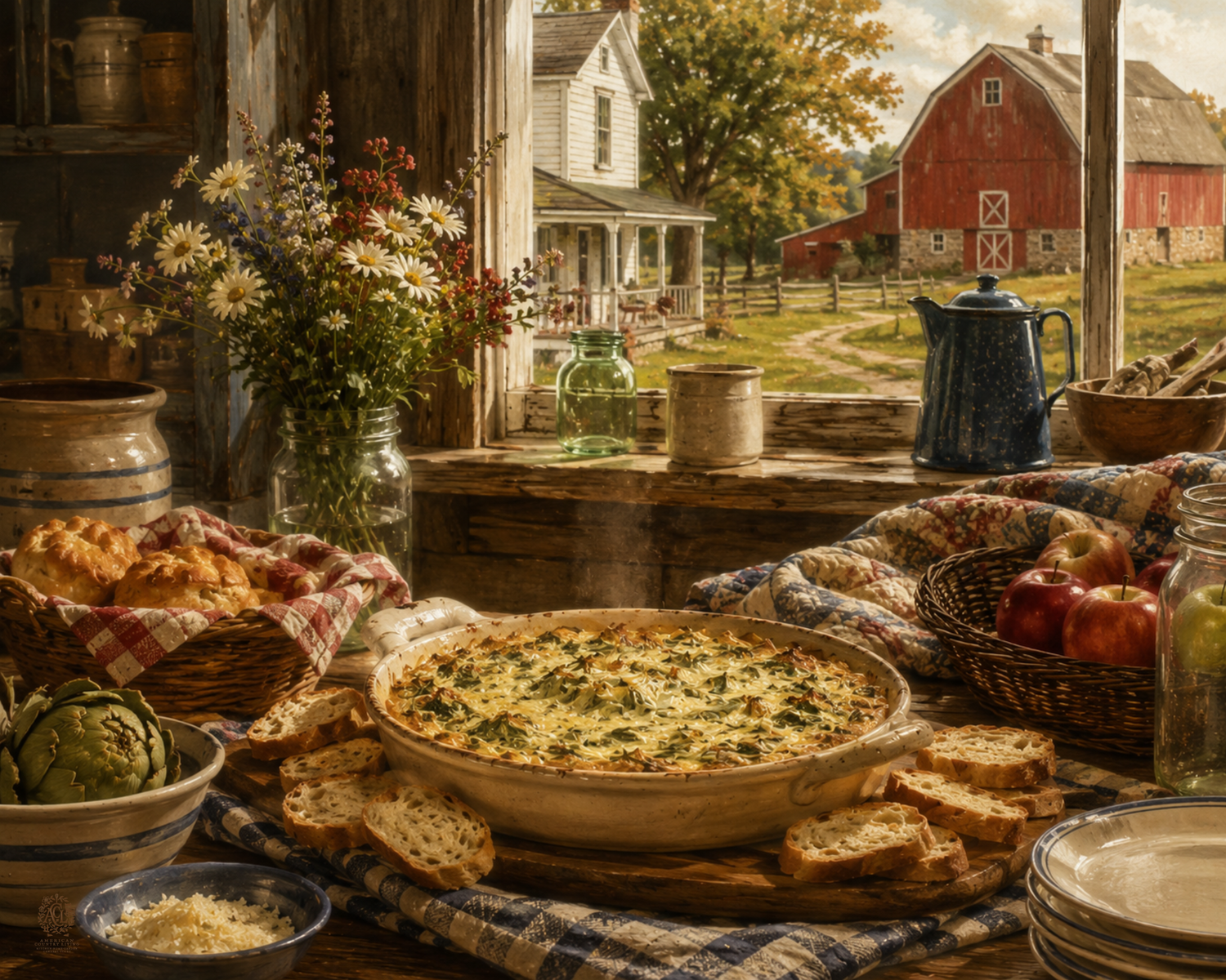 Rustic farmhouse table with spinach artichoke dip, bread, and fresh produce with red barn backdrop.