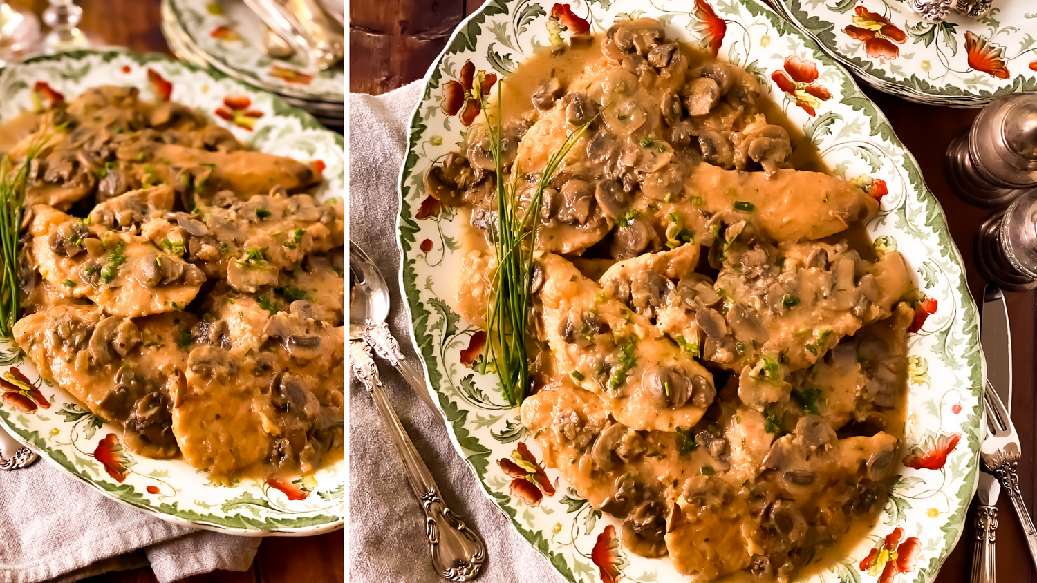 Golden brown chicken marsala with mushroom sauce served on an ornate plate.