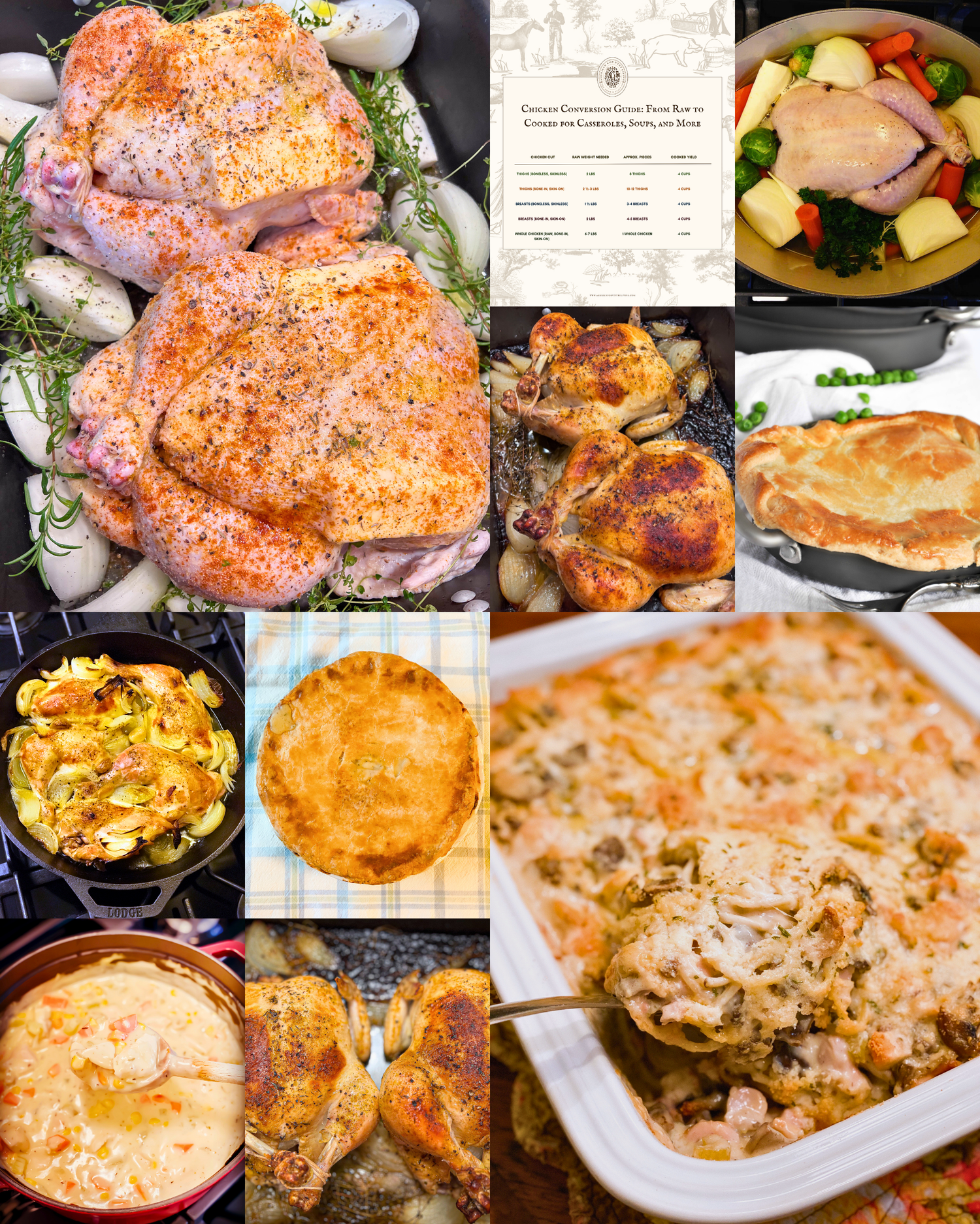 A collage of homemade comfort food dishes including casseroles, roasted chicken, pot pies, and savory baked entrees.