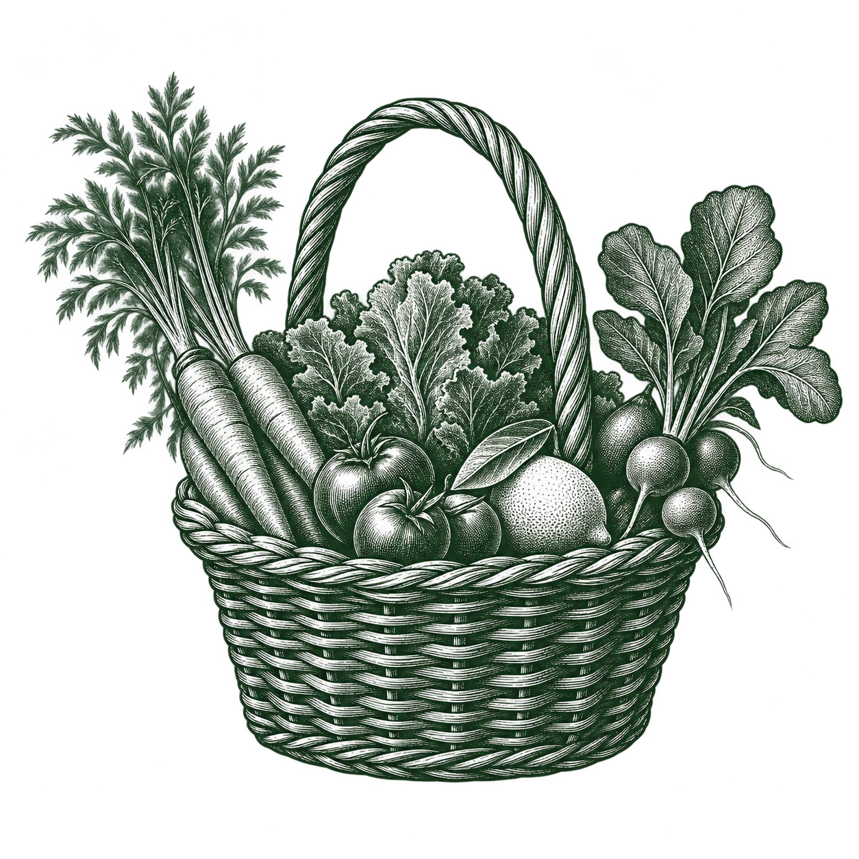 A wicker basket filled with fresh vegetables including carrots, tomatoes, kale, and radishes in a detailed green illustration.
