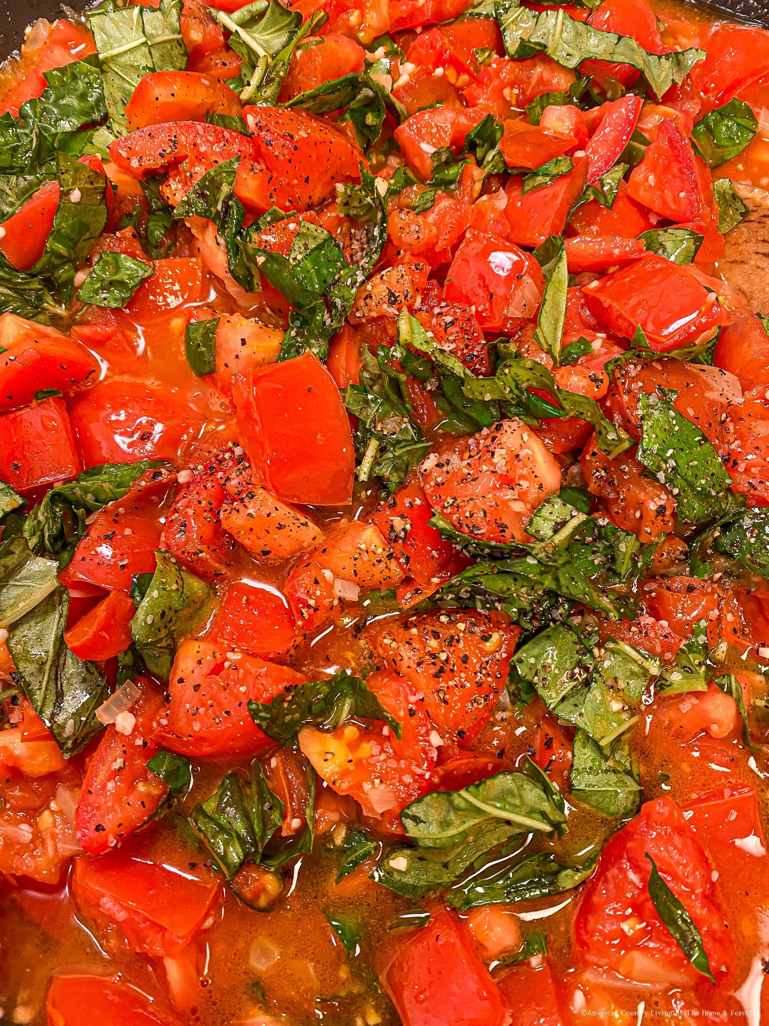 Fresh diced tomatoes and herbs mixed together in vibrant red colors.