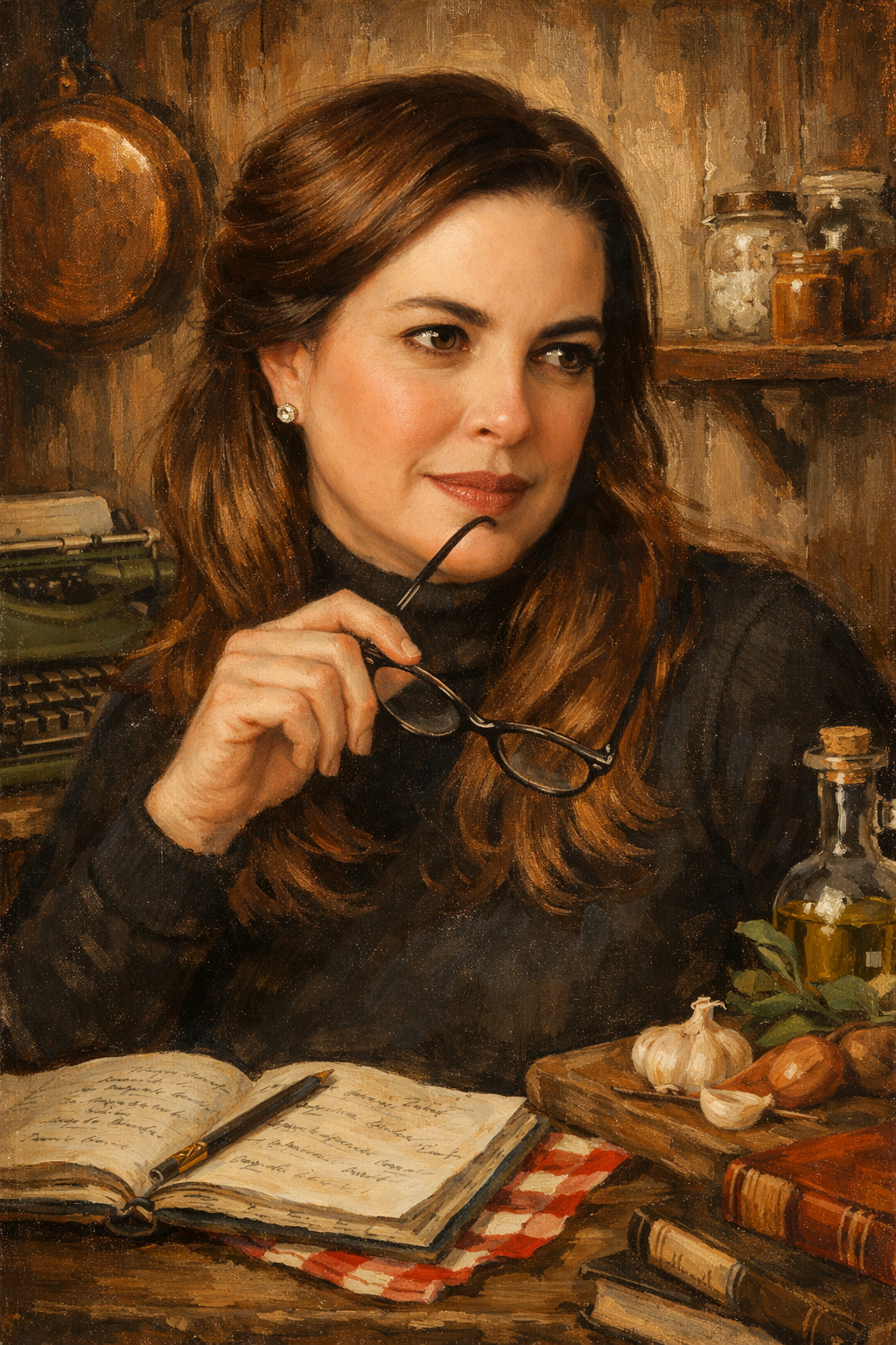 A series of vintage-style photos showing someone in a dark sweater reading and contemplating over old books and documents.