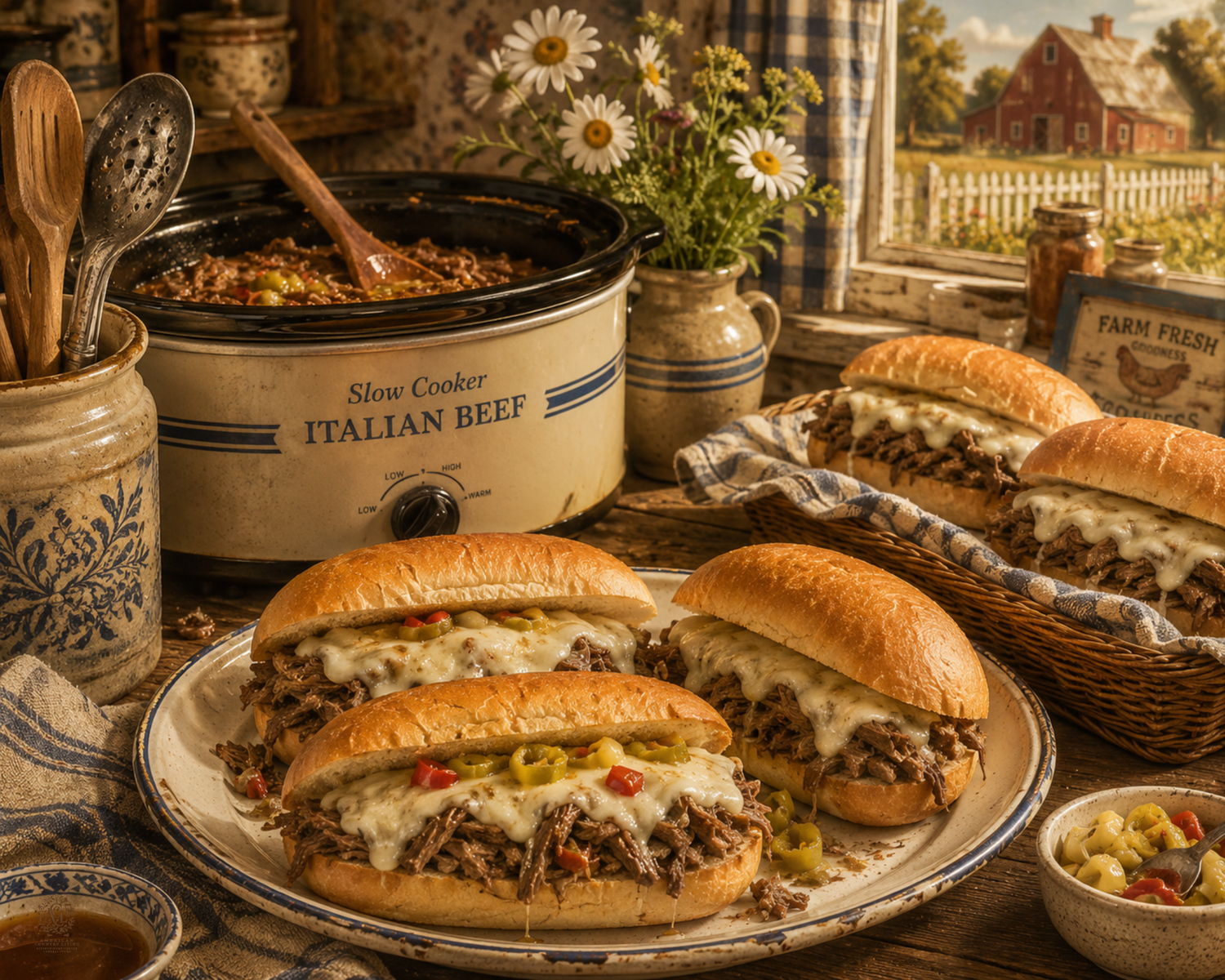 Slow cooker Italian beef sandwiches with melted cheese and peppers on rustic farmhouse table setting.