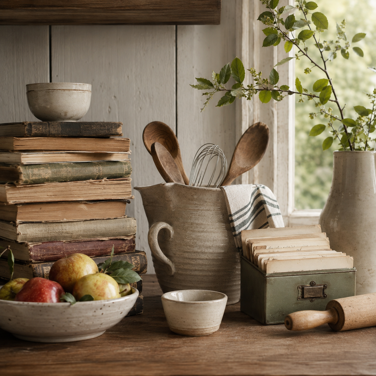 Rustic kitchen vignette with stacked books, wooden utensils, ceramic bowls, fresh apples, and a rolling pin near a sunlit window.