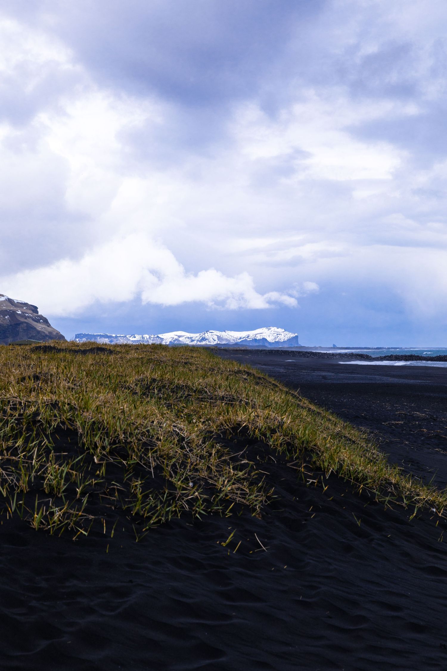 Snow-capped mountains rise behind black sand dunes covered in grass along Iceland's coast.
