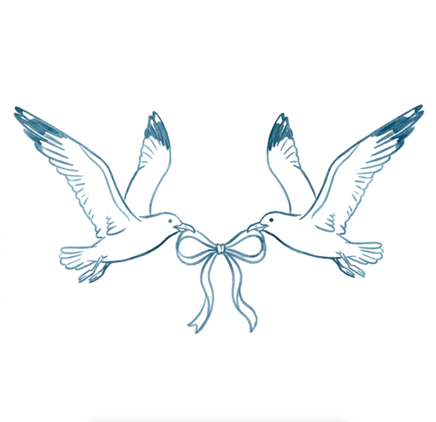 Elegant illustration of two blue doves facing each other holding a ribbon bow in their beaks.
