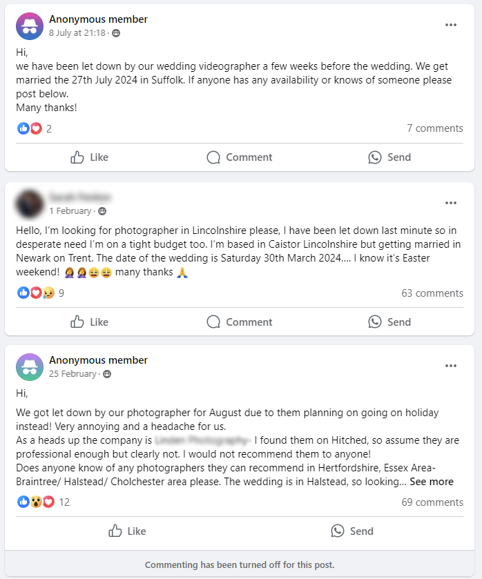 Social media posts from couples seeking wedding photographers after cancelations.