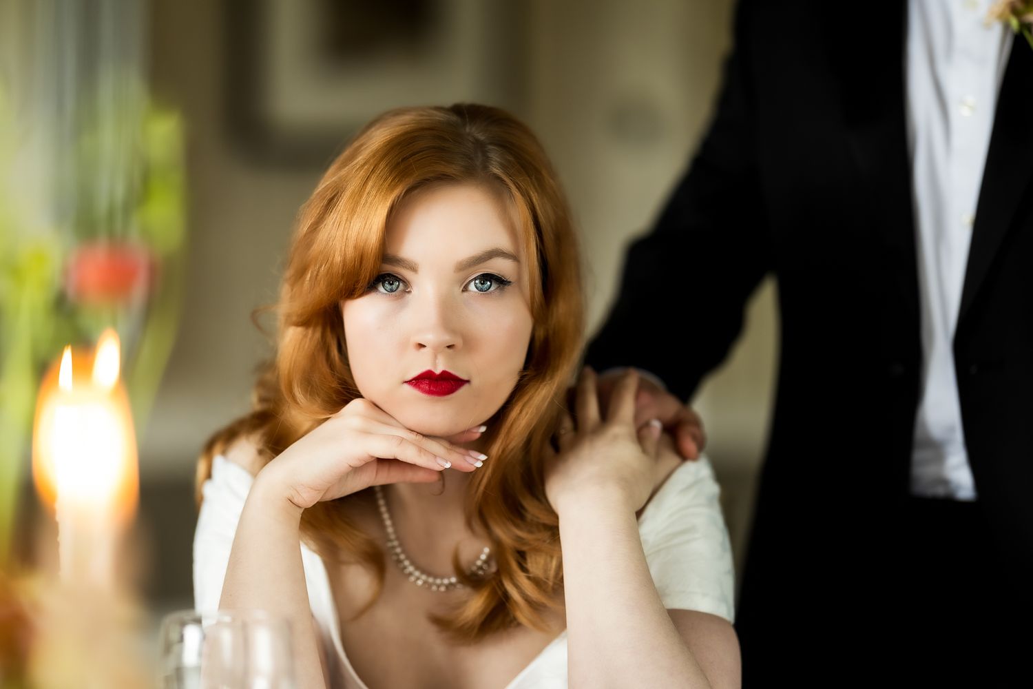 Elegant wedding portrait with soft natural light and romantic atmosphere.