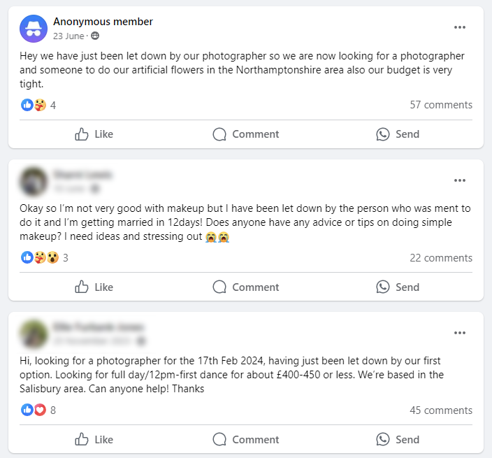Facebook posts seeking last-minute wedding photographer recommendations.