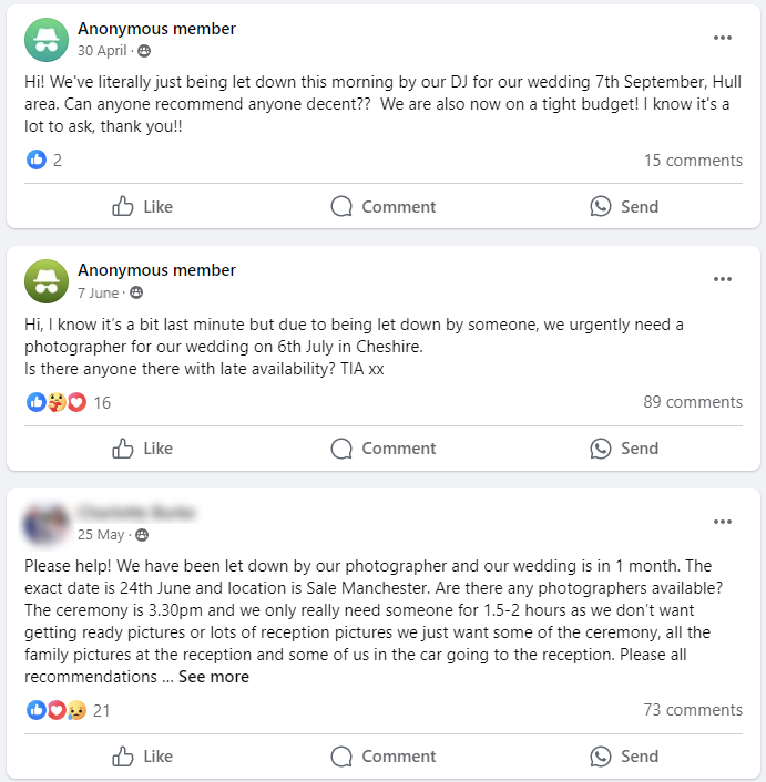 Facebook group posts requesting urgent wedding photographer recommendations.