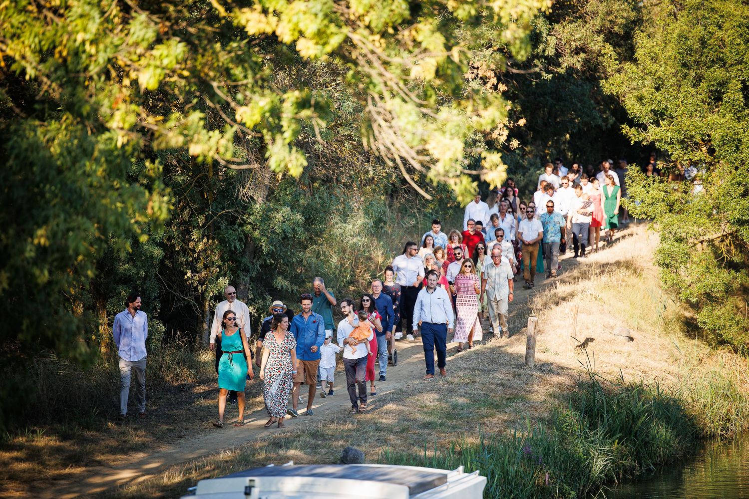 Large group walking along a sunny forest path in casual attire.