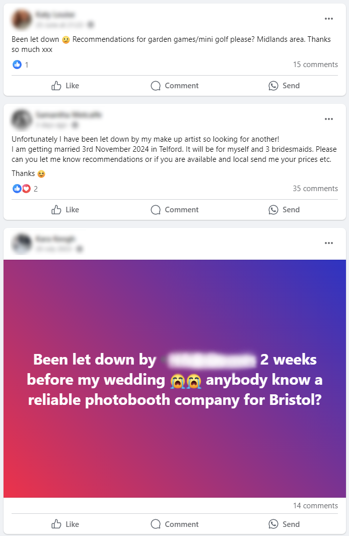 Social media posts asking for wedding game and photobooth recommendations in Bristol.