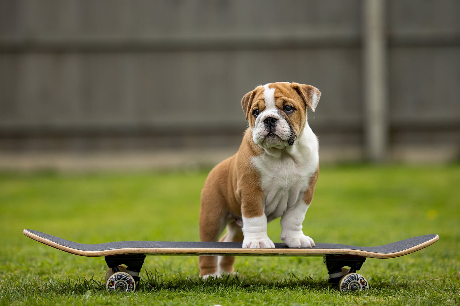 Bulldog puppy standing on a skateboard in a grassy backyard.