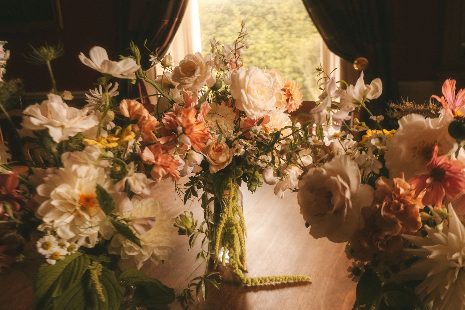 Detail photo of flower bouquets at a wedding