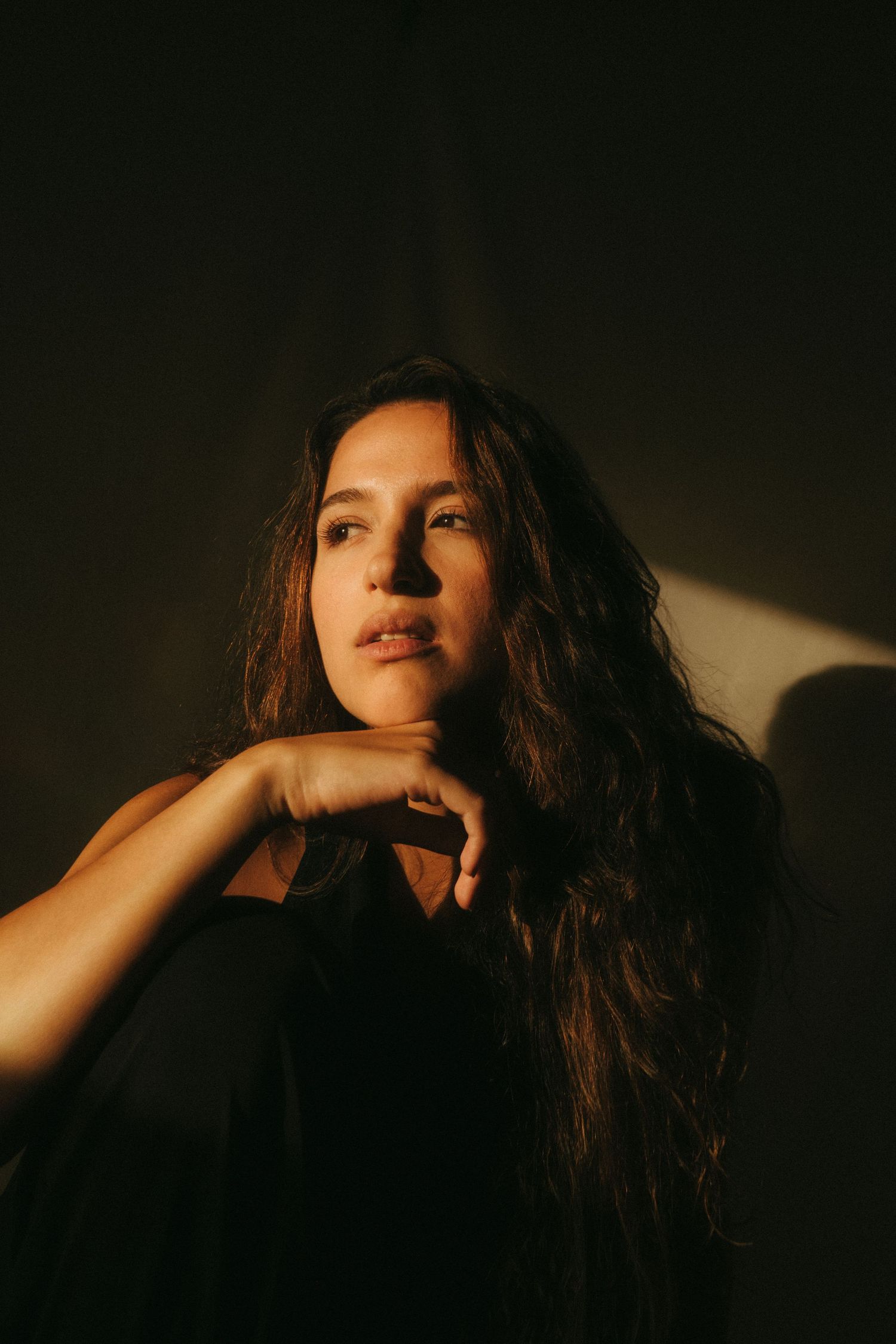 photograph of a dark haired model in a studio setting, soft contrast.