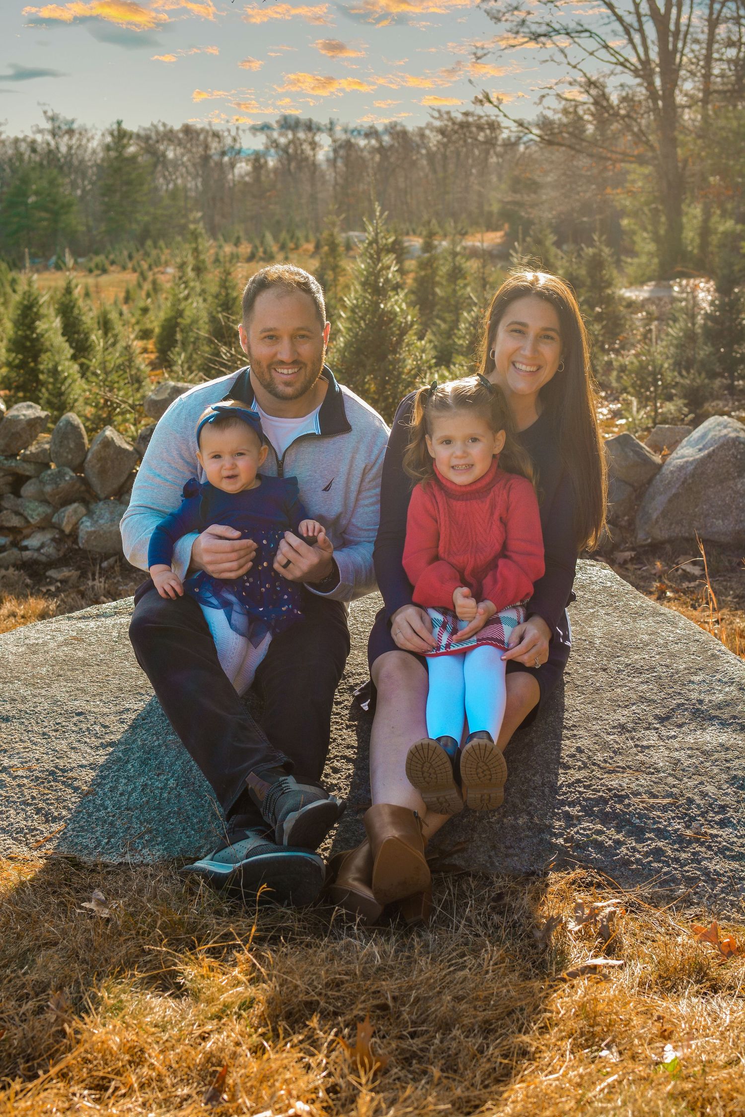 Happy family of four posing on a rock at sunset near a Christmas tree farm, parents holding two young daughters.