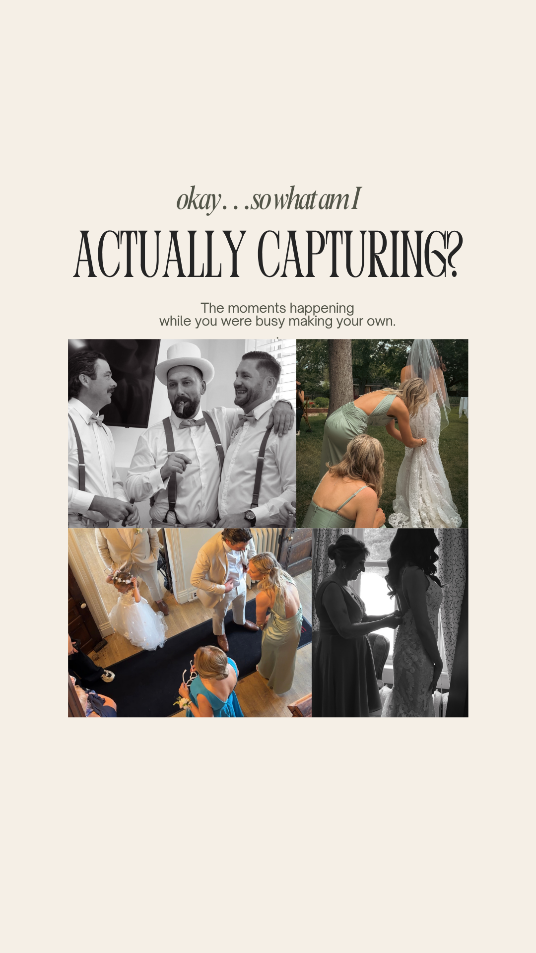 Wedding photographer collage capturing candid moments of groomsmen laughing, bridesmaids bonding, and intimate bridal preparations.