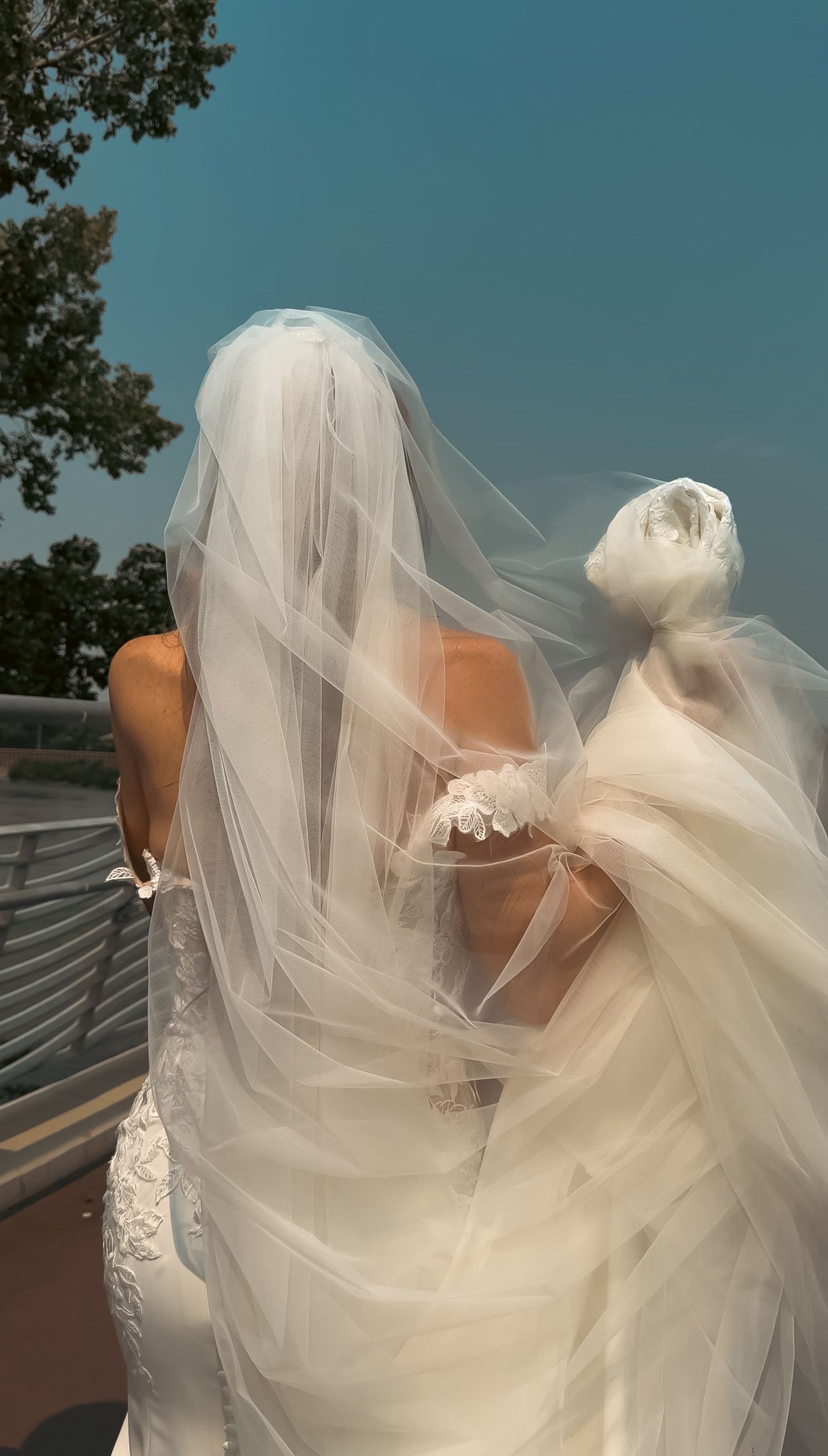 Back view of bride in lace wedding gown with flowing veil billowing in the breeze outdoors.