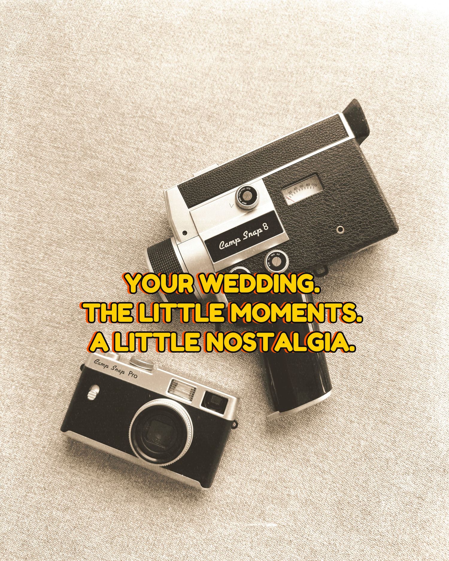 Vintage cameras with wedding nostalgia text overlay on neutral background, perfect for retro wedding photography services.