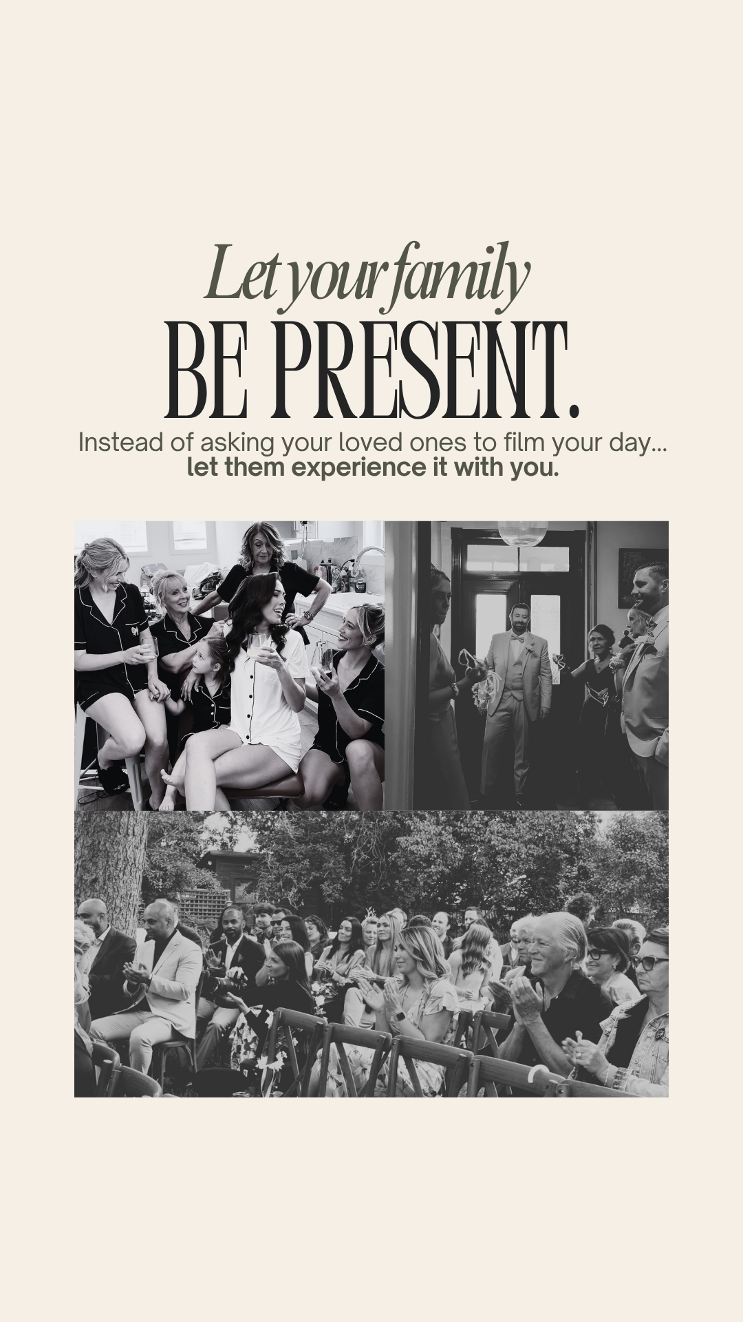 Black and white wedding collage showing bridal party celebrating, groom arriving, and outdoor ceremony guests.