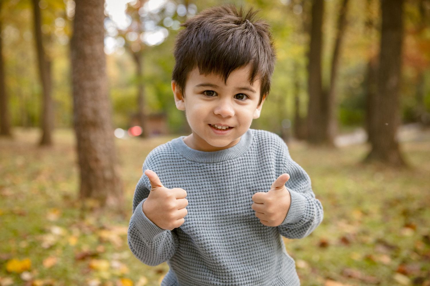 Cute toddler boy giving thumbs up while smiling in an autumn park with fallen leaves.