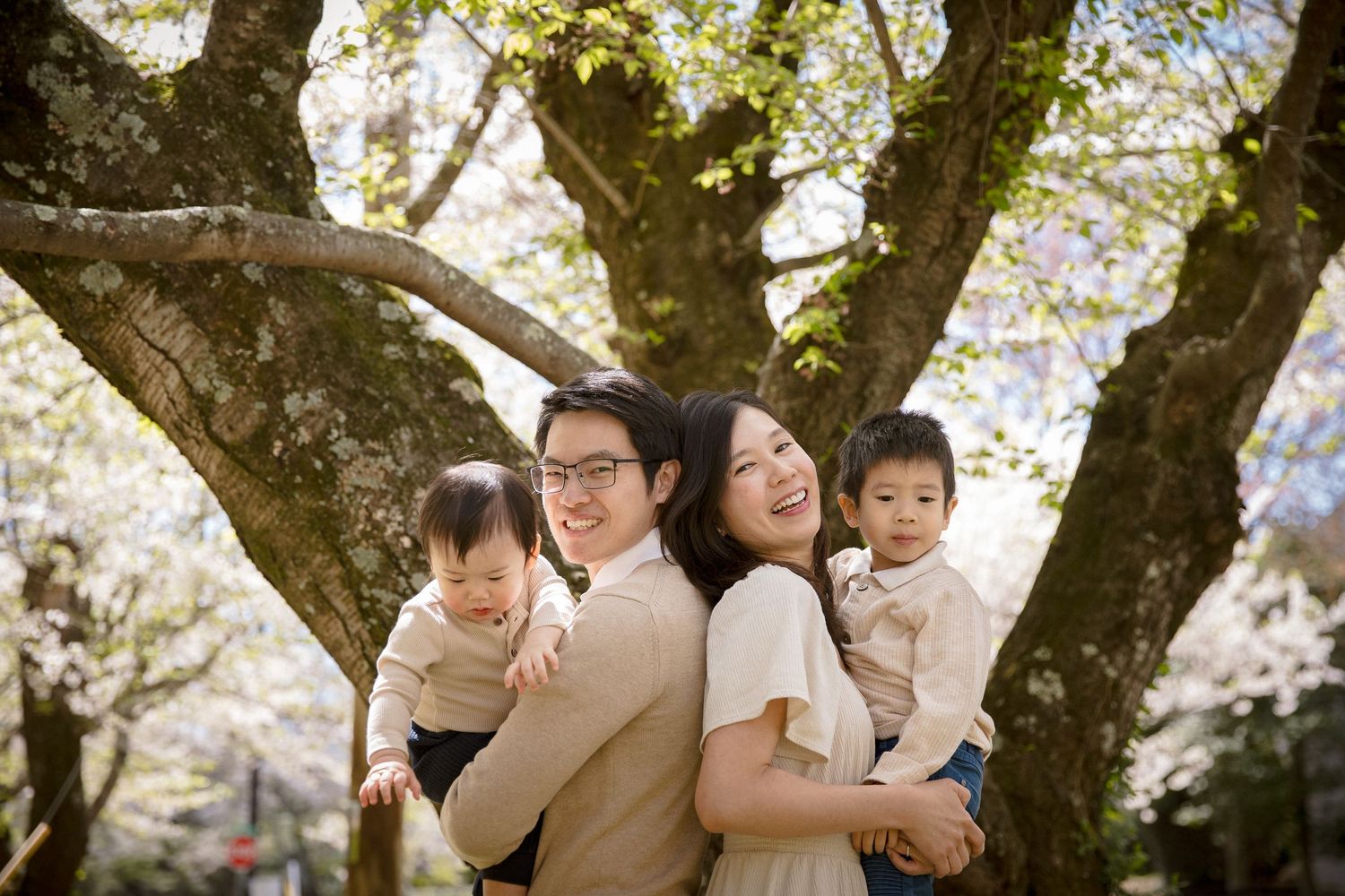 Joyful Asian family with two young children laughing together under white cherry blossom trees outdoors.