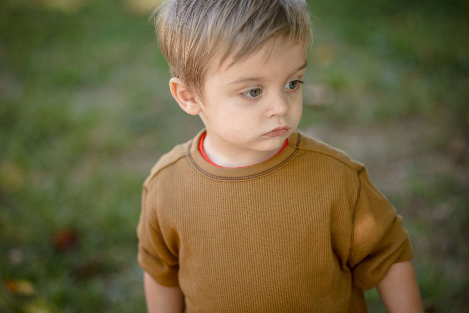 Young blonde toddler boy in brown t-shirt standing outdoors on green grass background.