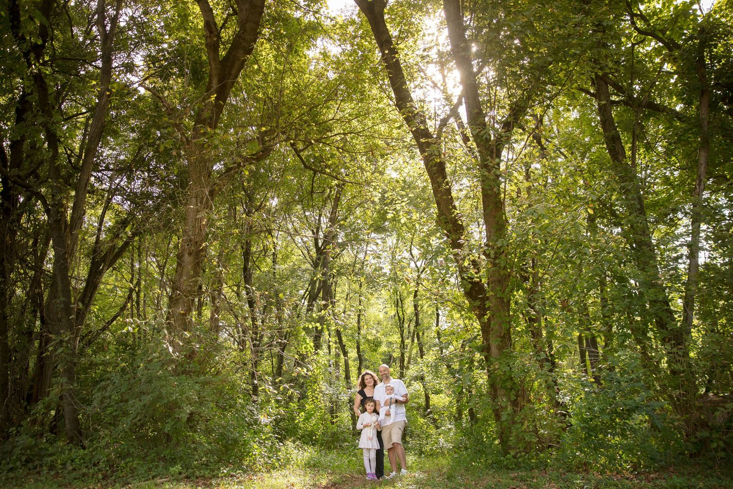 Couple walking hand-in-hand through a lush green forest path surrounded by tall trees.