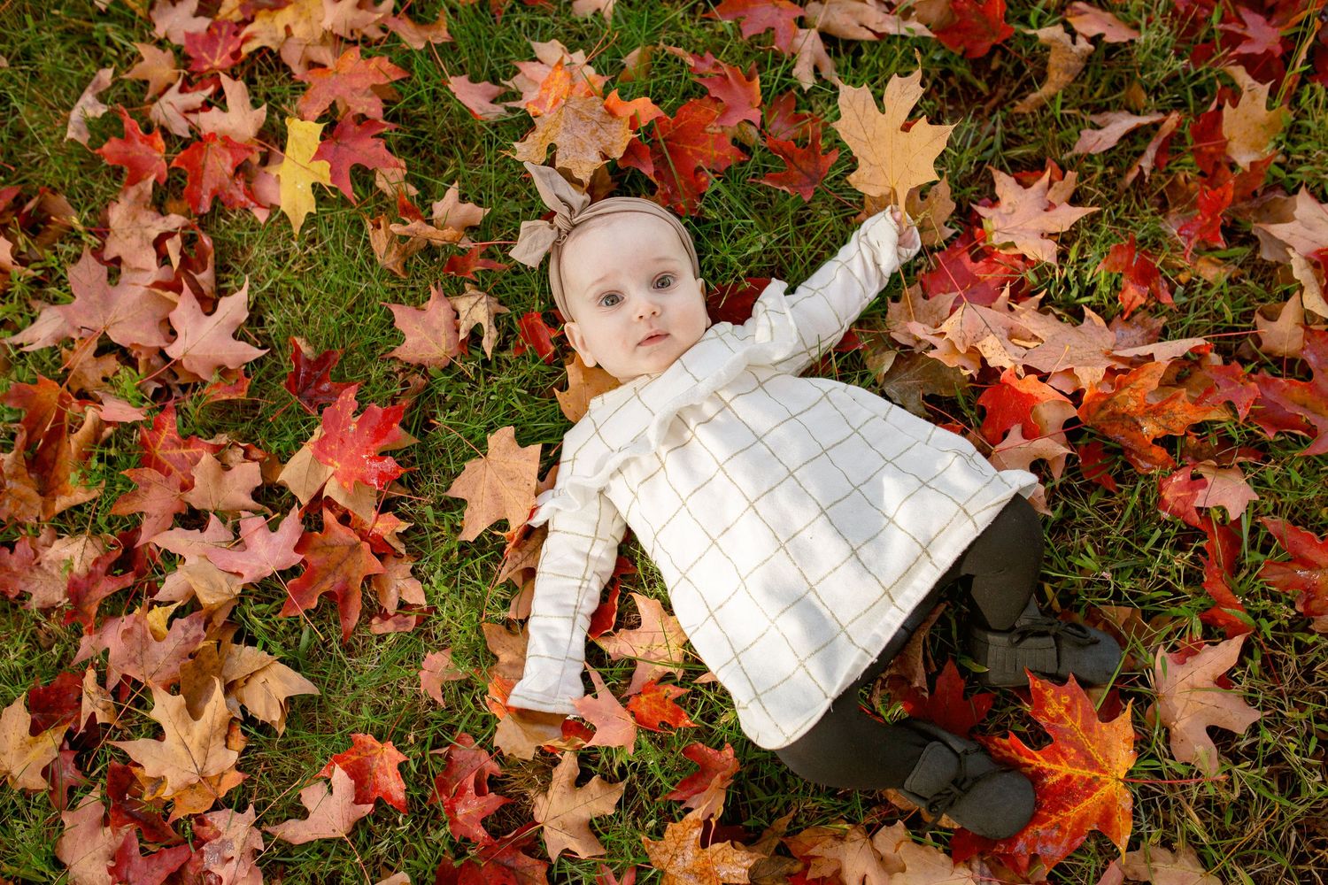 Baby girl in white plaid dress lying among colorful autumn leaves on grass.