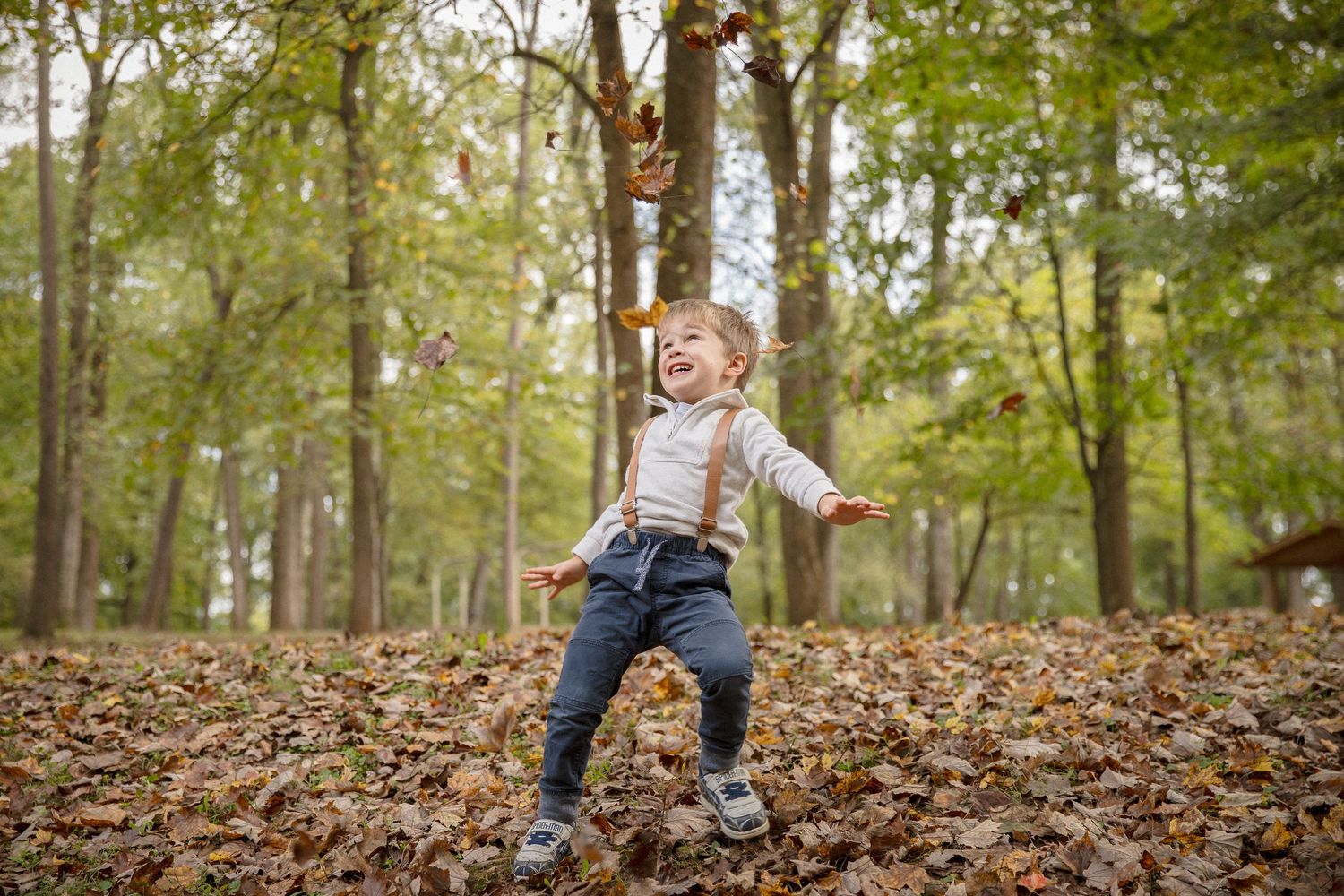 Joyful toddler in suspenders tossing autumn leaves in the air while playing in a forest clearing.