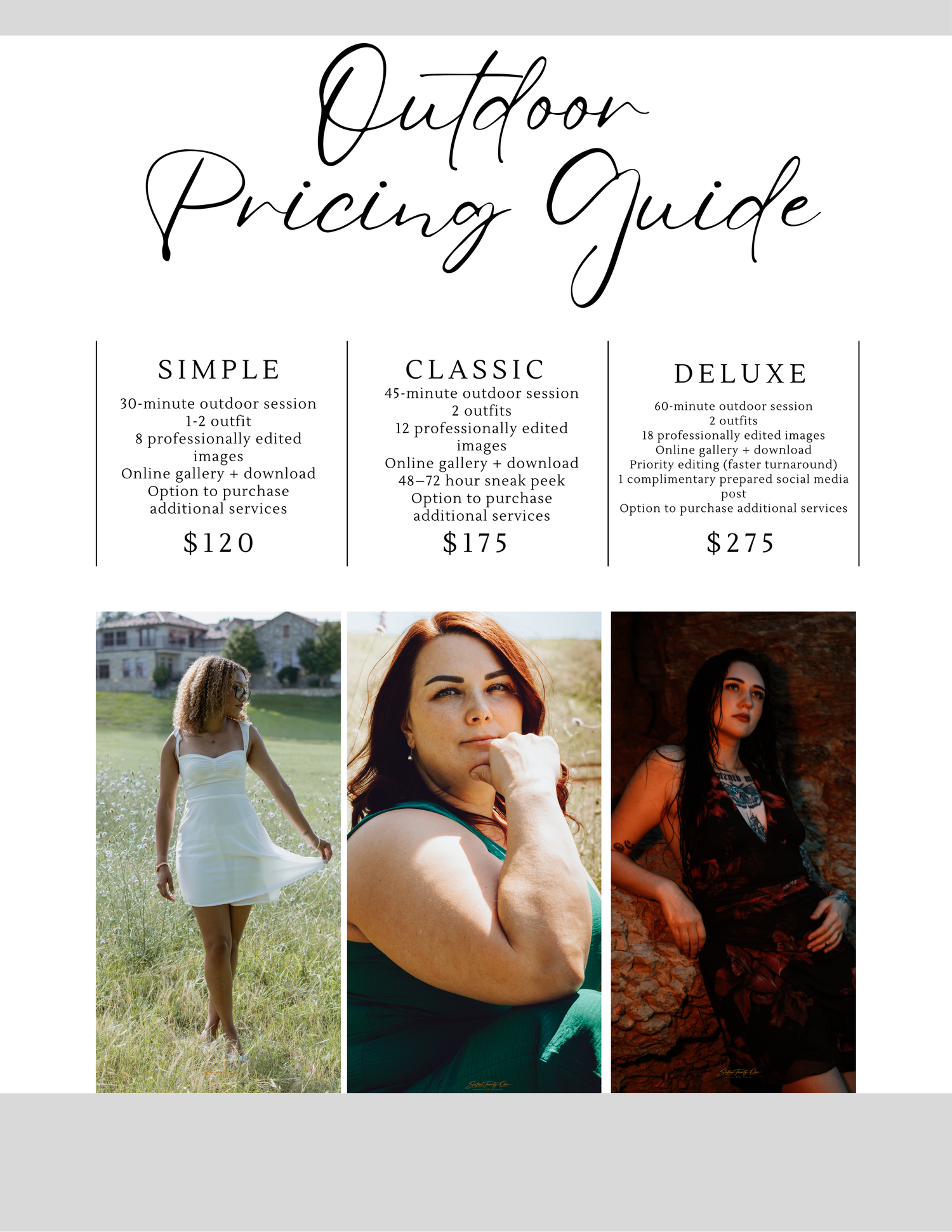 Outdoor photography pricing guide showing three tiers: Simple $120, Classic $175, and Deluxe $275 with sample portrait photos.