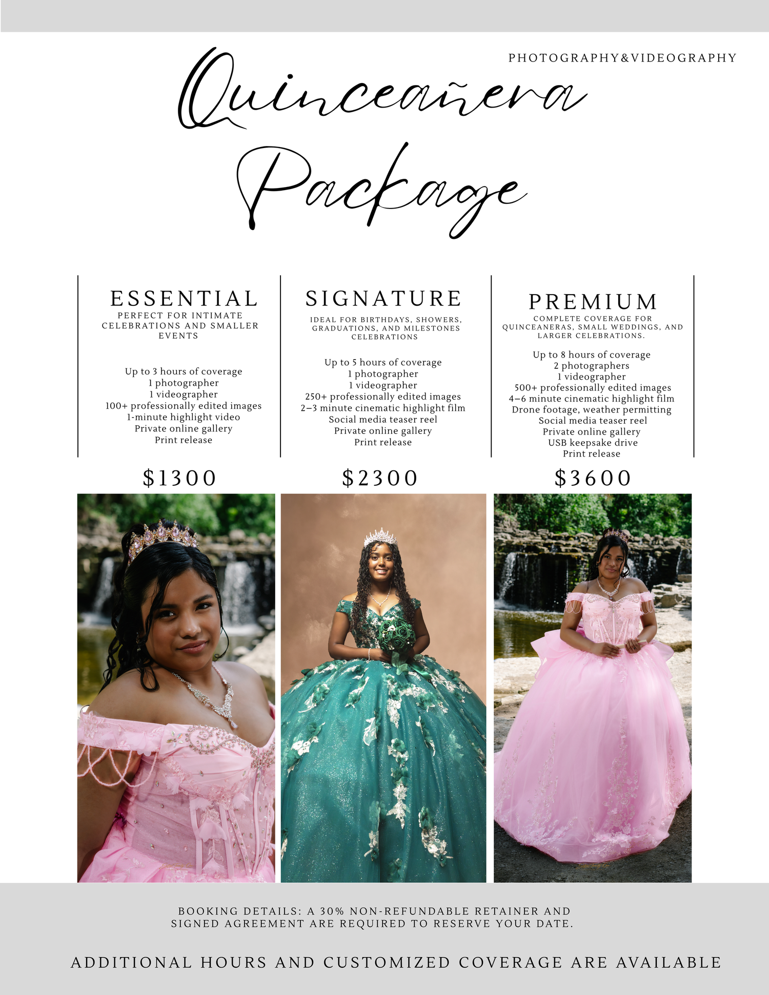 Quinceanera photography package guide featuring Essential $1300, Signature $2300, and Premium $3600 tiers with gown photos.