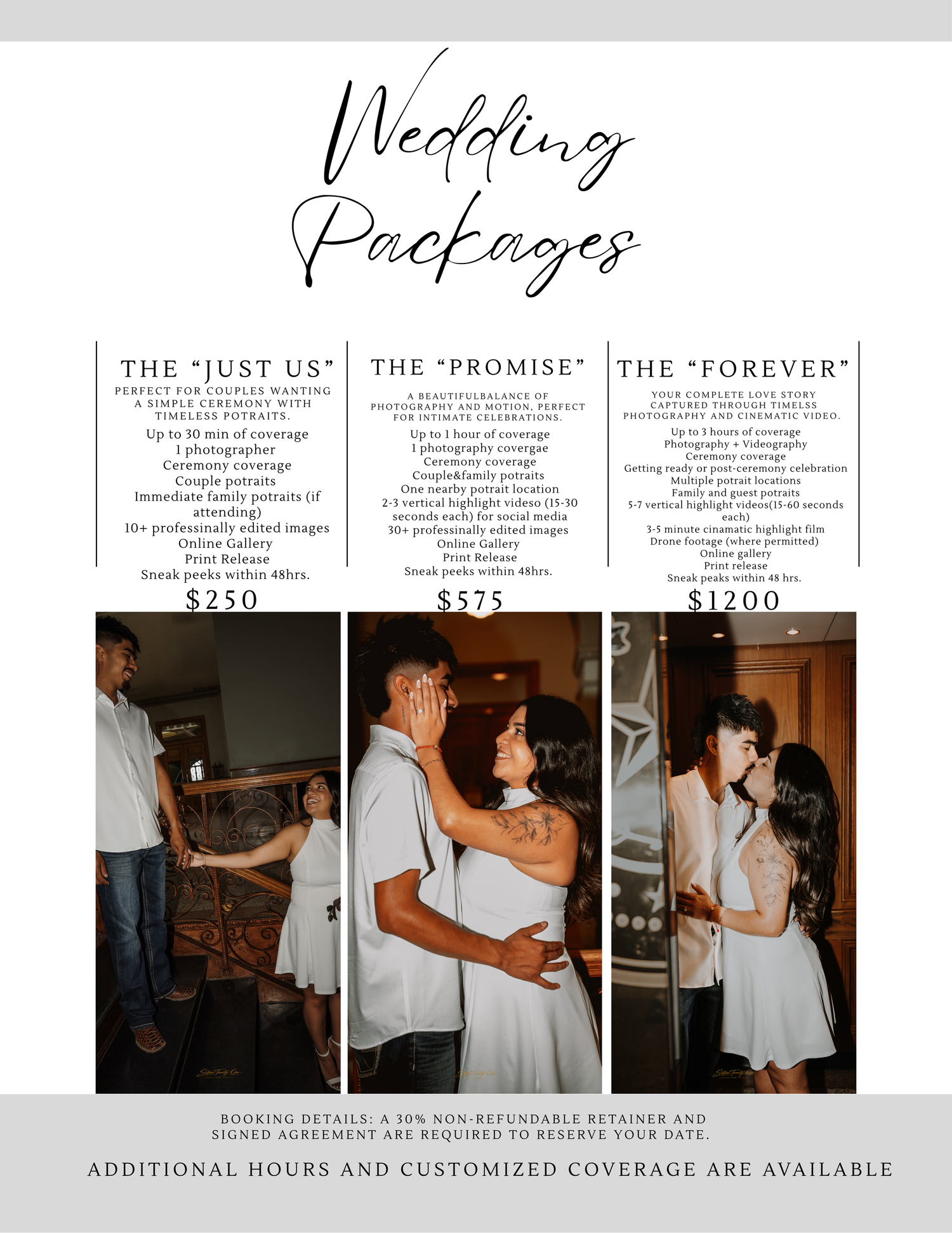 Wedding photography packages pricing guide showing Just Us $250, Promise $575, and Forever $1200 options with couple photos.