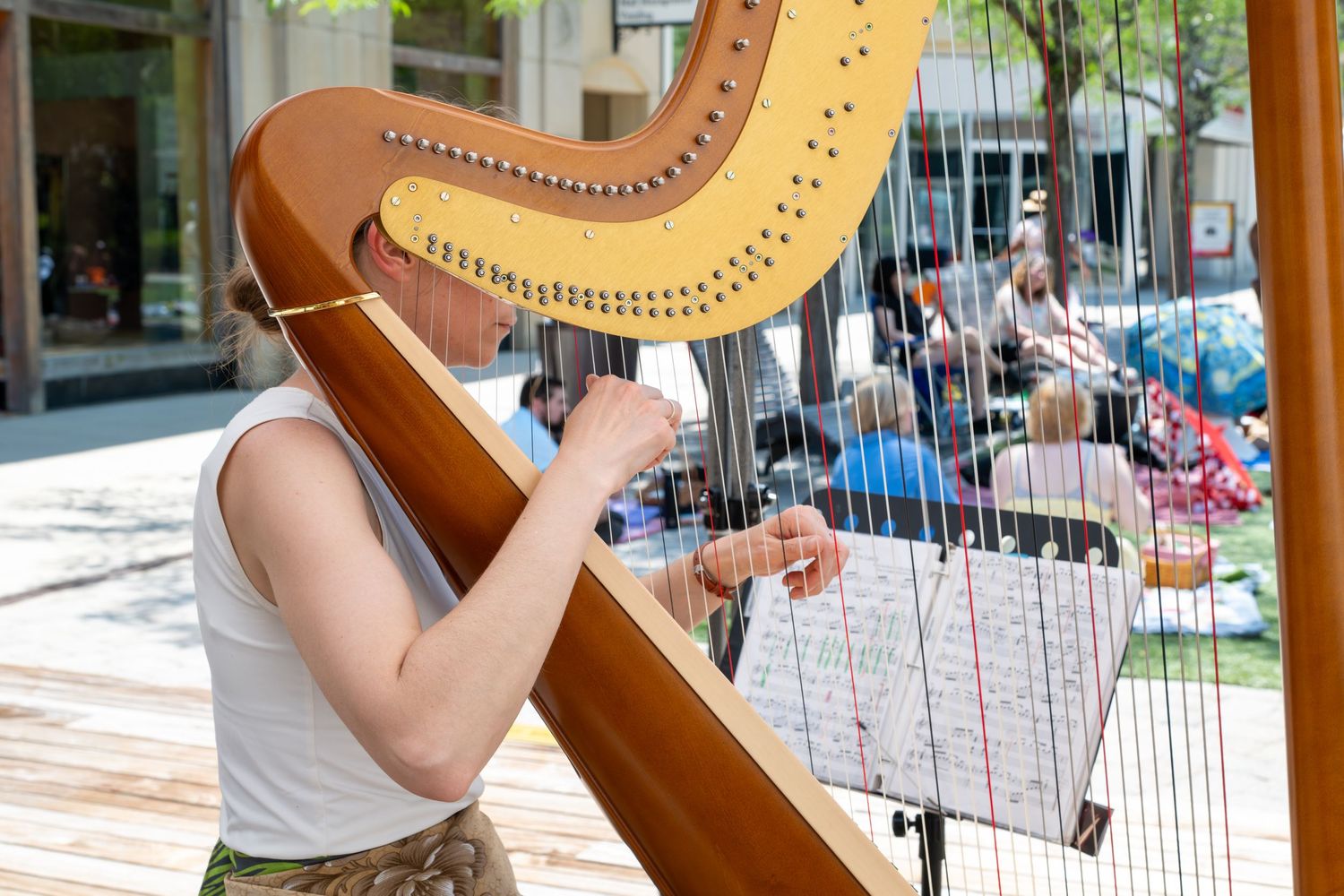 A musician plays a large wooden harp outdoors at a sunny public event, wearing a sleeveless top and camo pants.