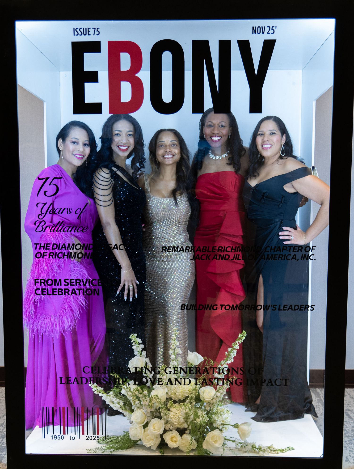Five women in elegant gowns pose on a mock Ebony magazine cover celebrating 75 years of brilliance.