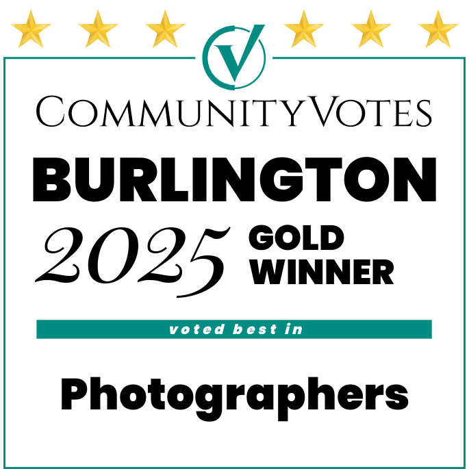 Community Votes Burlington 2025 gold winner award badge for best photographers with star rating and checkmark.