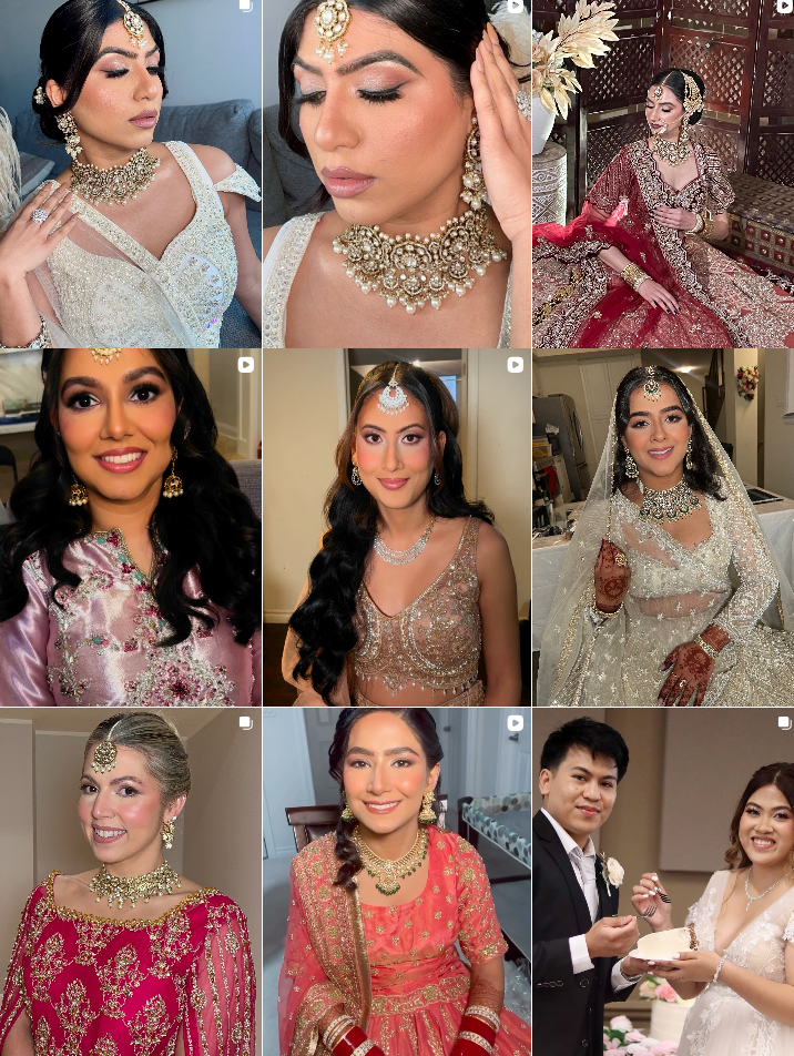 A collection of South Asian bridal makeup and jewelry looks featuring ornate lehengas, heavy necklaces and traditional styling.