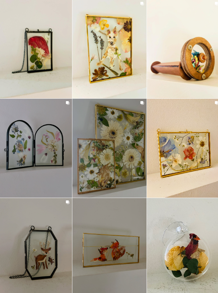Artistic wall display featuring multiple framed pressed flower and botanical arrangements in vintage style frames.