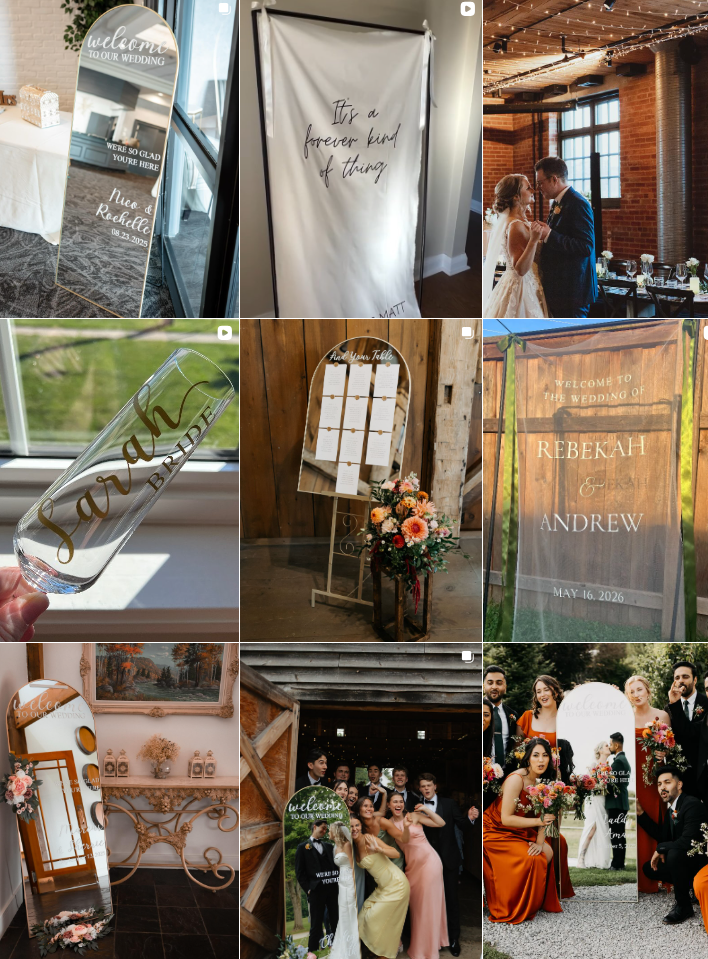 Elegant rustic wedding venue details featuring vintage decor, signage, and romantic lighting in an industrial brick space.