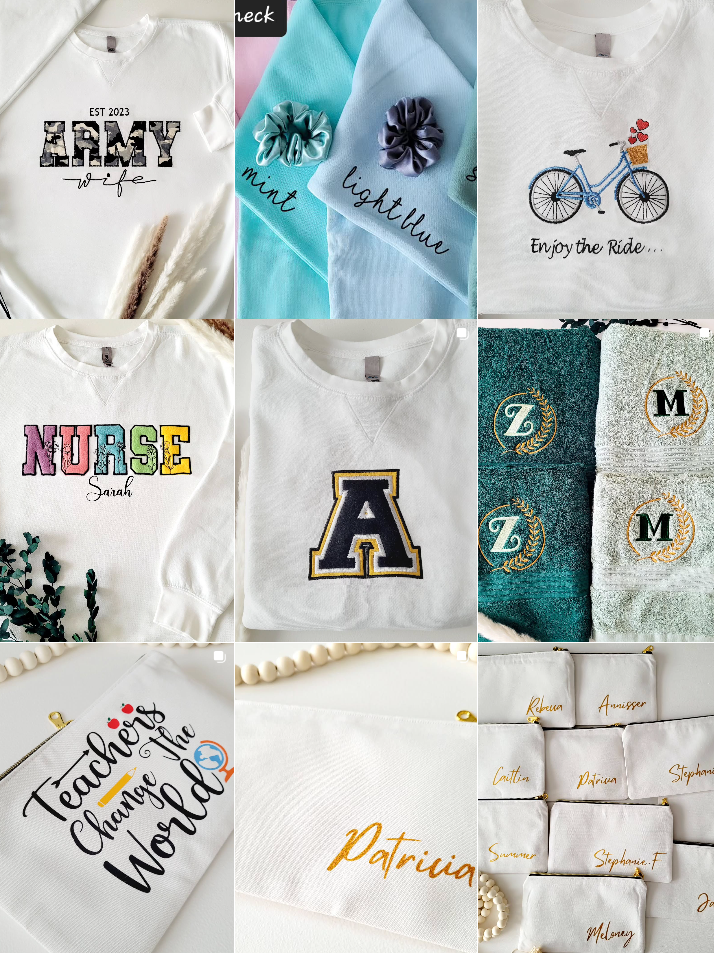 Collection of custom t-shirts and apparel with various text designs and logos displayed in a grid layout.