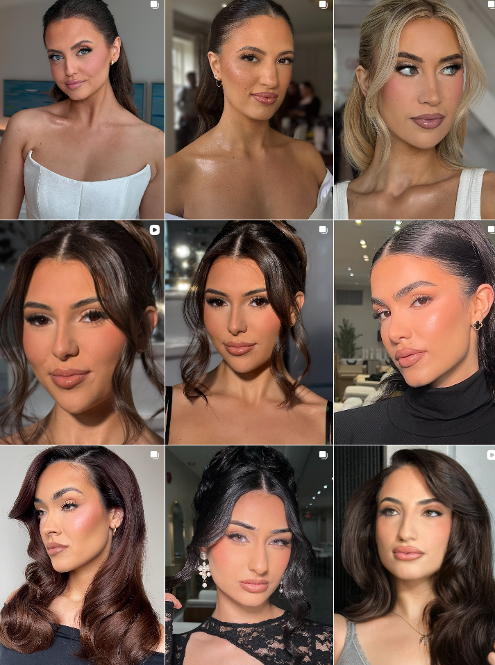 A collection of glamorous beauty portraits with dramatic makeup and styled hair in various lighting conditions.